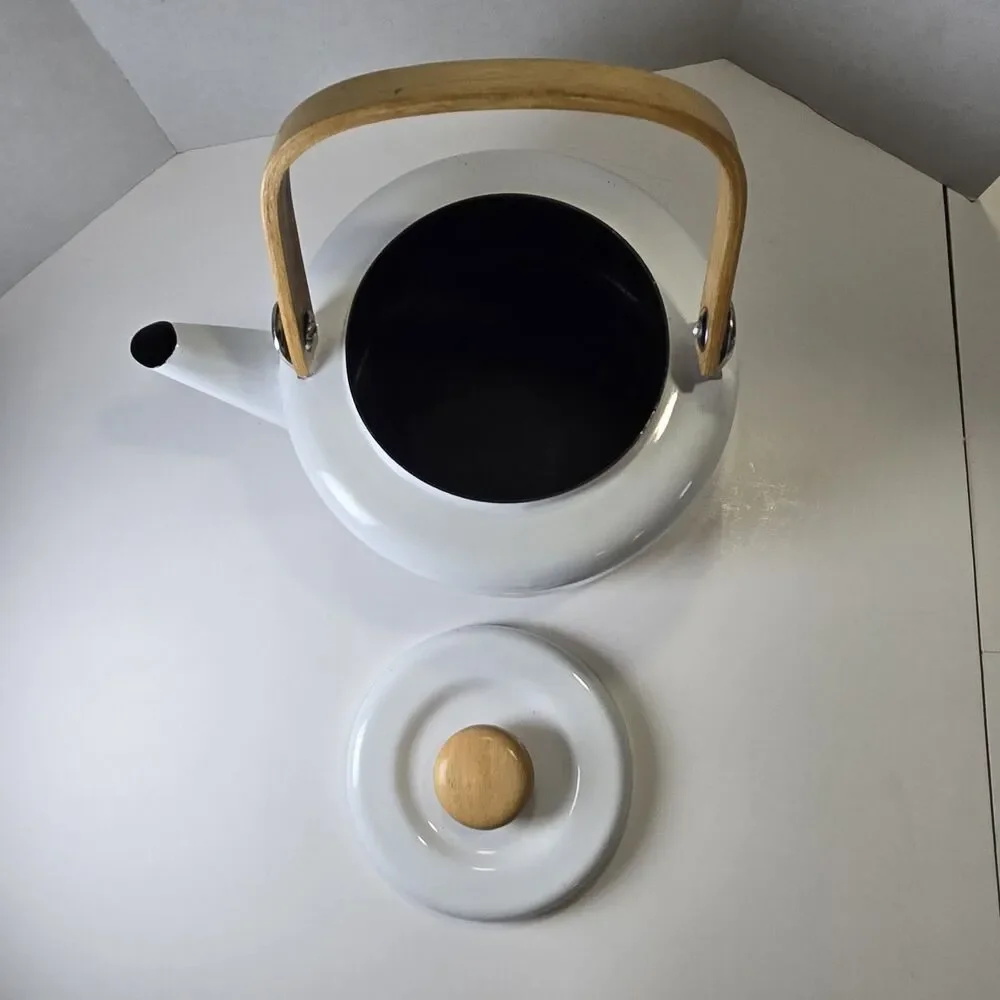Vtg Tabletops Unlimited DULCIE Enamel Tea Kettle Fruit Pattern Wood Handle 2.3qt